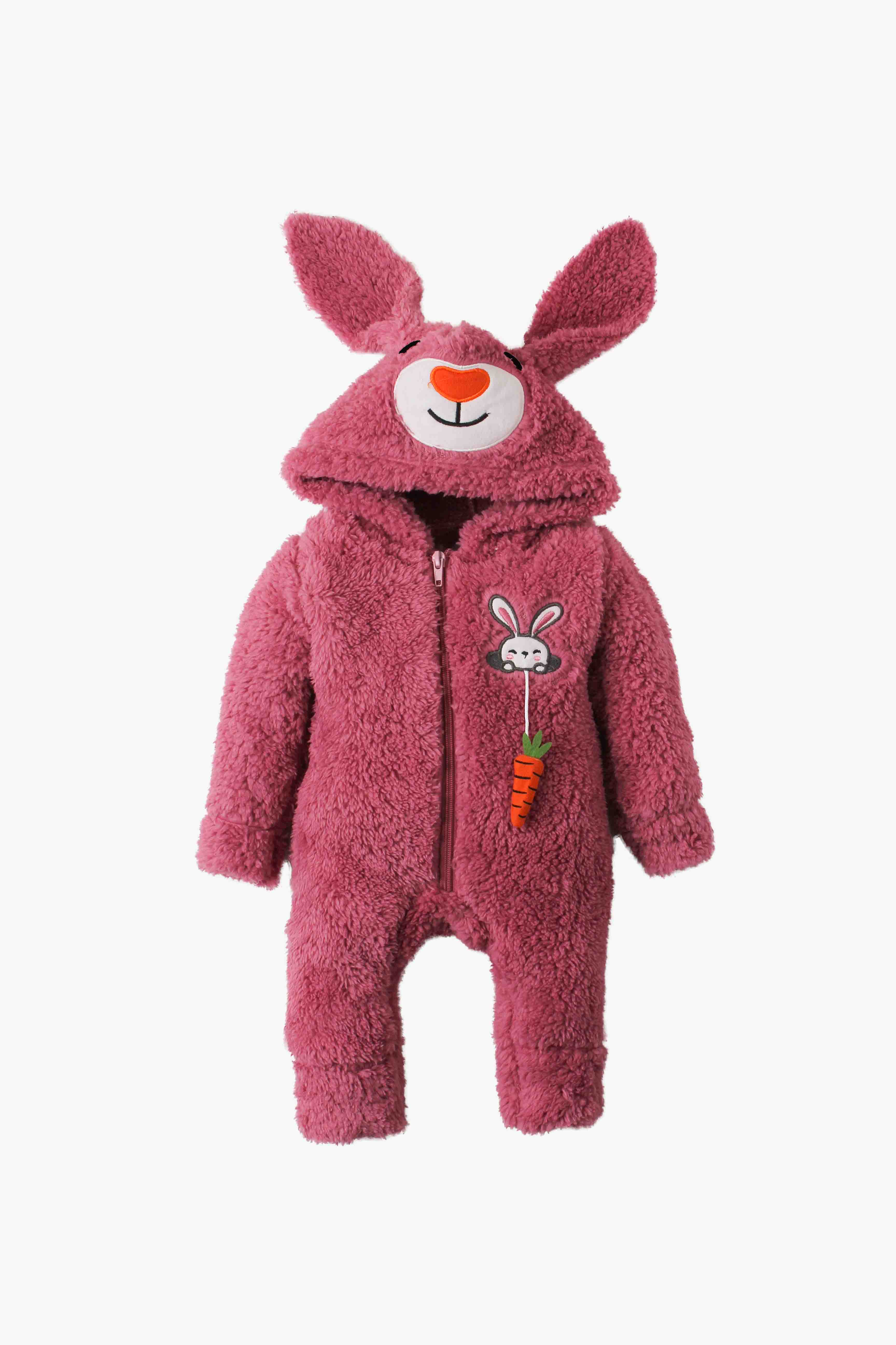 Unisex Tavşan Kulaklı Havuç Aplikeli Peluş Bebek Tulum 0-12 Ay